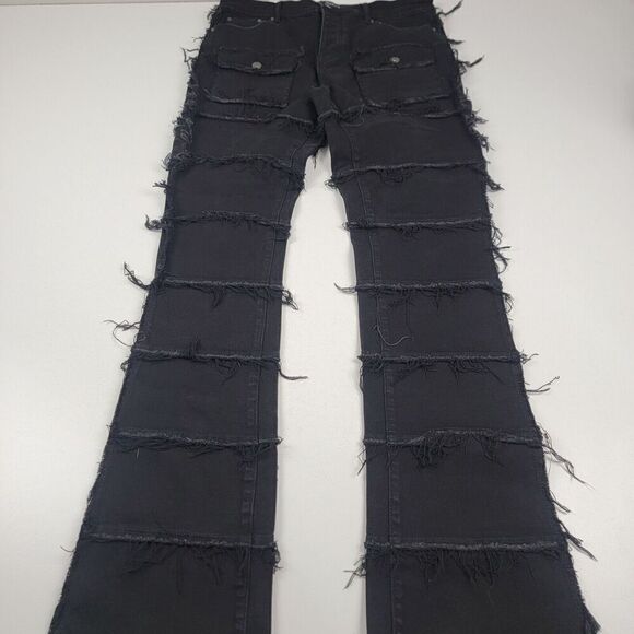 Valabasas Mens Stacked Button Fly Distressed Jeans Size 38 Fringed Black Pants - Picture 1 of 13